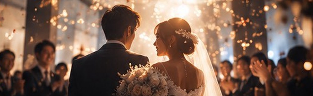 祝福される新郎新婦の後ろ姿