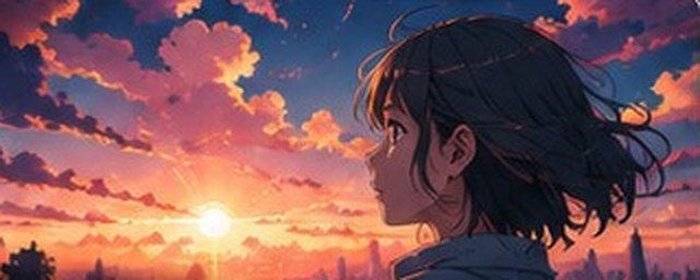 夕焼け空を見上げるアニメ調の少女